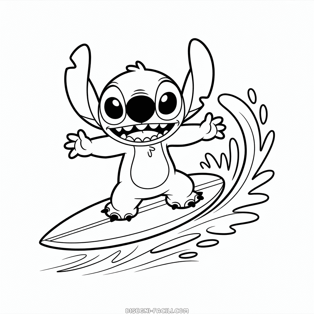 Disegno Facile di Stitch fa Surfing