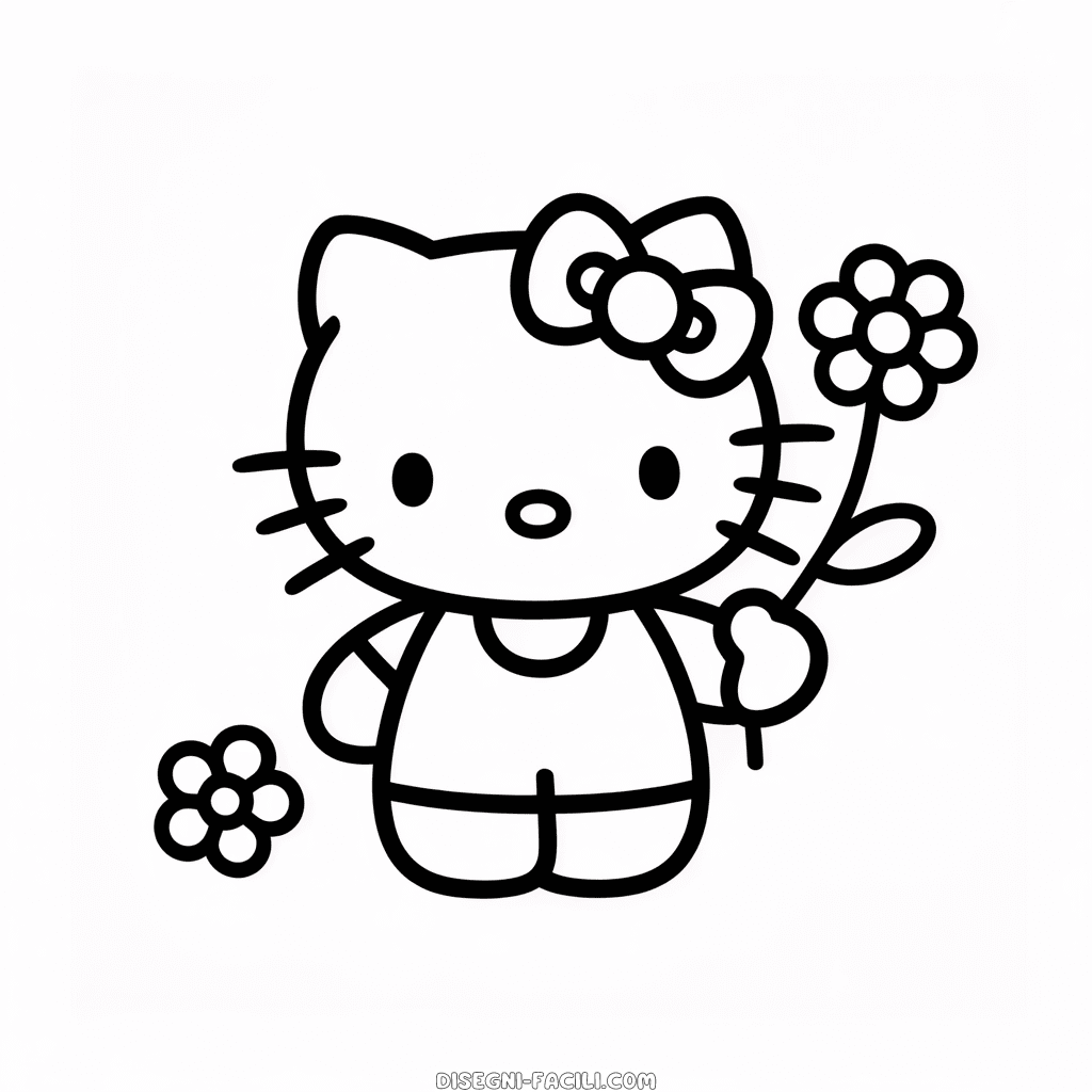 Disegno Facile di Hello Kitty con il Fiore in Mano