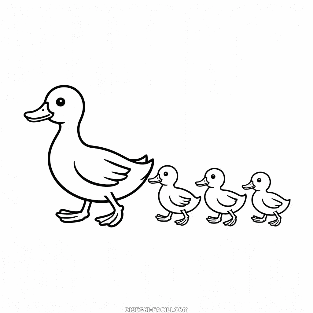 Disegno Facile di Anatra e Anatroccoli che Camminano
