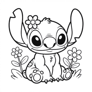 Disegno Facile di Adorabile Stitch e Fiori