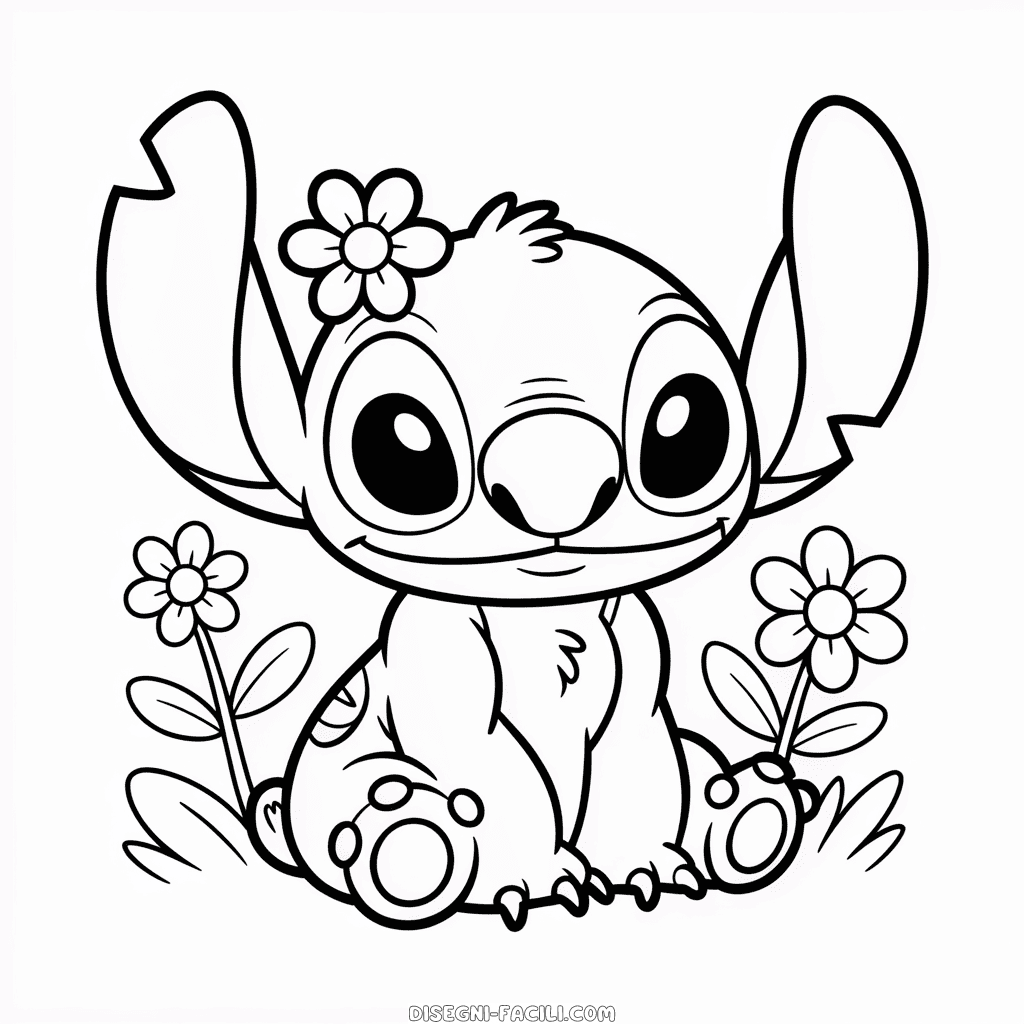 Disegno Facile di Adorabile Stitch e Fiori