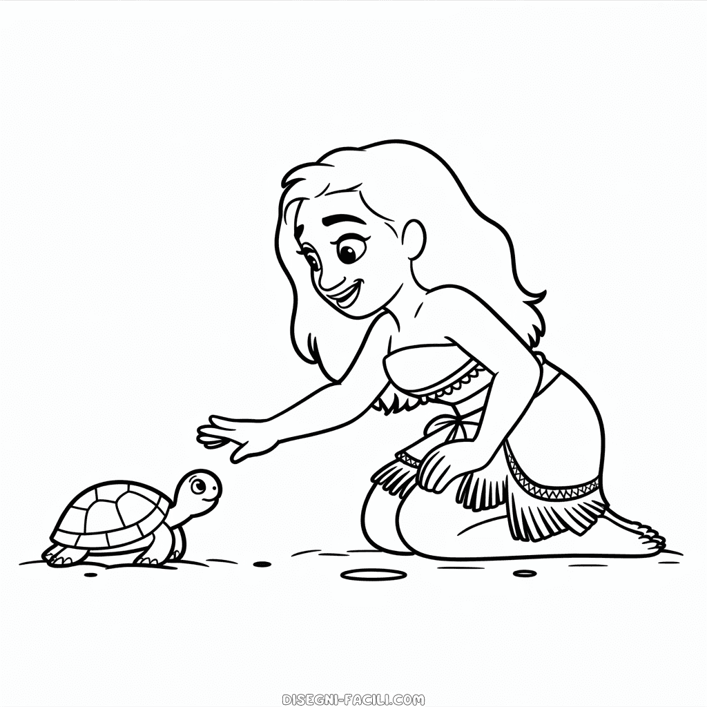 Disegno Facile di Vaiana con Tartaruga